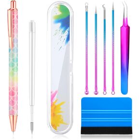 Chumia 8 Pieces Pin Pen Weeding Tool Vinyl Weeding Tool with Rainbow Retractable Air Release Pen and Refill Vinyl Squeegee Tweezers Weeders for Lettering Cutting Splicing Accessories