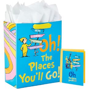 Hallmark 13" Large Dr. Seuss Graduation Gift Bag with Tissue Paper and Graduation Card (Oh, the Places You'll Go!) for High School, Kindergarten, College, Nursing School Grads