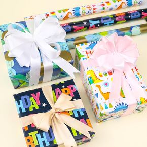 Jolanepaly Gift Wrap Paper Rolls - 3 Rolls 17" x 120" Happy Birthday Wrapping Paper Kids Wrapping Paper Rolls Boys Girls Gift Wrap Paper Party Favor Happy Birthday Wrap