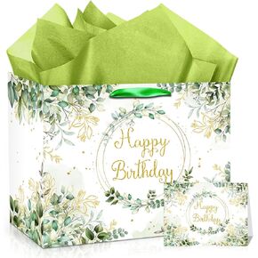 Sage Green Birthday Gift Bag Large Green Party Favor Bags with Tissue Paper and Greeting Cards Eucalyptus Birthday Gift Wrapping Paper Bag Goodie Bags for Baby Shower Bday Party Decorations Supplies