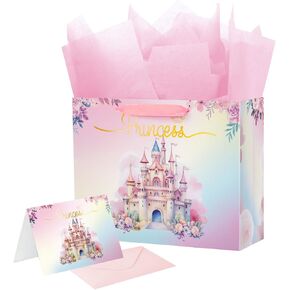 Ranfashiong 13" Pink Castle Large Birthday Gift Bag with Tissue Paper for Gender Reveal Party Favor for Baby Shower，Girl (Princess)