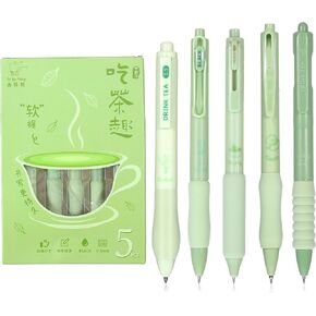 Mabor 5Pcs Cute Gel Pens, Retractable Quick Dry Black Ink Gel Pens 0.5mm Kawaii Fine Point Green Smooth Writing Pens for Journaling Note Taking Aesthetic Pens for Office School Supplies