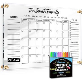 Large Oversize Crystal Clear Acrylic Wall Calendar Dry & Erase Board | 24" X 16" | Monthly Family Calendar Home Office Glass Calander Reusable Big Whiteboard | Free Pens & Eraser