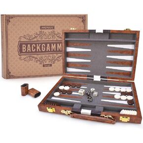 AMEROUS Backgammon Set, 15 Inches Classic Board Game with Leather Case, Folding Board, Gift Package, Portable Travel Strategy Backgammon Game Set for Adults, Kids (Medium, Brown)