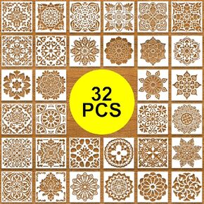 32 PCS 6 × 6 بوصات الطلاء ماندالا ، والستنسل للطلاء على الخشب ، والستنسل رانجولي ، وإمدادات فنية ، وقالب الطلاء بالزهور لخشب الحائط الخشب القماش