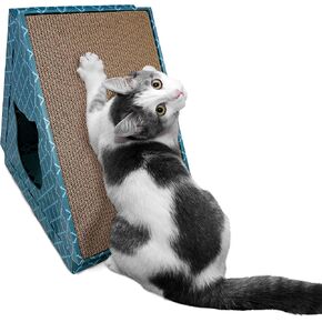 Furhaven Cardboard Hideout w/ Catnip for Indoor Cats, Ft. Scratching Pads - Tiger Tent Corrugated Cat Scratcher Hideout - Teal, One Size
