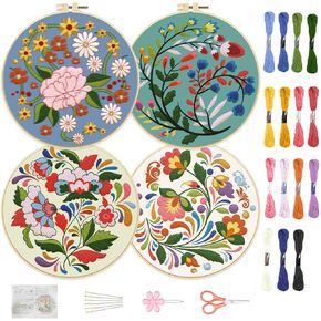 FREEBLOSS 4 Set 8'' Beginners Embroidery Kit Artistic Flower Patterns Embroidery Starter Kit with Instructions Include Embroidery Fabric Embroidery Hoops and Threads for Hanging Decor