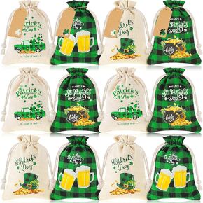 NUANCHU 20 PCS حقيبة هدايا يوم St Patrick مع الرباط 4 × 6 بوصات الحزب الأيرلندي لصالح حقيبة شامروك القطن تعامل الأكياس الحلوى مع 20 علامة ل Saint Patrick's Day Party Supplies
