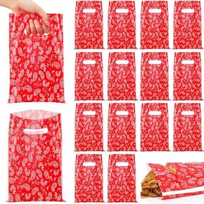 Thenshop 100 Pcs Western Bandana Bags Plastic Gift Bags Red Bandana Print Treat Snack Candy Bag Cellophane Merchandise Goodie Bag Bulk Cowboy Party Favor for Western Cowboy Birthday Party Supplies ﻿