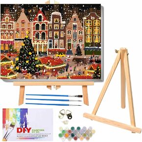 Hudestail Christmas Street House Paint by Number for البالغين DIY طقم الطلاء مع Easel للمبتدئين 12x16 بوصة رسم طقم طلاء الطلاء مجموعة فرش شخصية هدية هدية جدار المنزل