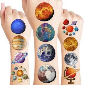 Cute Planet Temporary Tattoos Solar System Birthday Party Decorations Favors Supplies Outer Space Themed Stickers 10 Sheets 100 PCS Gifts for Kids Girls Boys Decor Class School Carnival Christmas