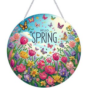 طقم الطلاء الفني الماسي DIY للبالغين 3D Spring ، 9.4 × 9.4 بوصات ، معلقون من Suncatchers Riamond Art ، ماس خاص على شكل أكريليك ، حزمة أدوات فنية ، مربع (ربيع خضراء)