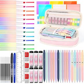 60 Pcs Aesthetic School Supplies with Large Capacity Pencil Case, 5 Quick Dry Black Ink Gel Pens, 12 Color Pastel Highlighters, 6 Mechanical Pencil Set 0.5 & 0.7 mm, 7 Multi-Color Index Sticker-Pink