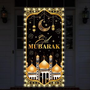 Islamic Ramadan Door Banner Decoration - Black Gold Eid Mubarak Front Door Banner with LED Lighted Decorations, Ramadan Muslim Door Covers for Indoor Outdoor Home Party Supplies Mosque Holiday Decor