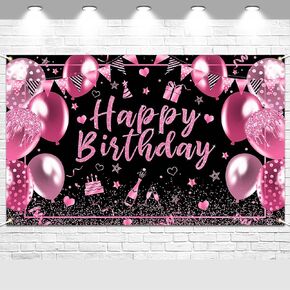 Avezano Pink Birthday Banner Decorations Pink and Black Happy Birthday Banner Pink Birthday Party Decor for Men Women Kids 6x3.6ft