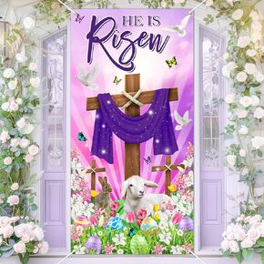 He Is Risen Banner 6x3 ft Purple Religious Cross Easter Door Cover Lily Bunny He Has Risen Backdrop Christian Door Decorations Photo Props