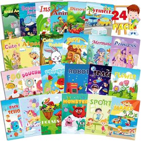 Aannanl 24 Mini Coloring Books Suitable for Children Aged 2-4 and 4-8，Small Party Gifts, Bulk Birthday Gifts, Gift Bag fillers, School Classroom Activities Including Dinosaurs, Pets, Mermaids