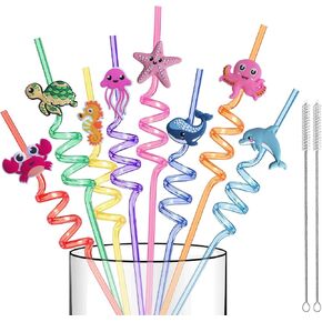 Reusable Sea Animal Straws for Sea Party Favors, 16 PCS Plastic Ocean Creature Drinking Straws Silly Swirly Straws for Kids Party Decorations Beach Ocean Themed Party Supplies with 2 Clean Brushes