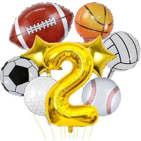 9 Pieces Sports Balloons, Football, Basketball, Baseball, Volleyball, Golf and Soccer Foil Balloon, Sports Birthday Number Mylar Foil Balloon, Sport Theme Birthday Party Supplies Decorations (2nd)