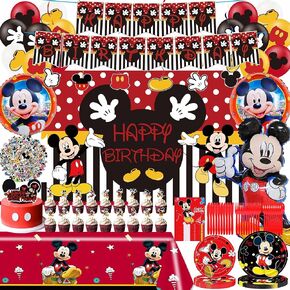Cartoon Mouse Birthday Decorations, Mouse Theme Party Decorations, Includes Happy Birthday Banner, Balloons, Backdrop, Tablecloth, Paper Tableware Set, Cake Toppers, Hanging Swirls Stickers