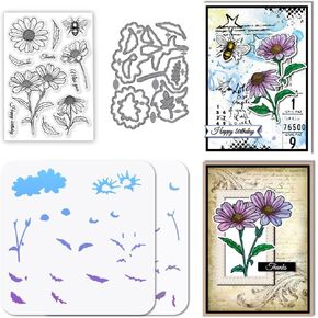 GLOBLELAND Daisy Flower Clear Stamps and Bee and Flower Frame Cutting Dies with Hollow Out Drawing Painting Stencils for DIY Scrapbooking Photo Album Decorative Cards Making Decoration