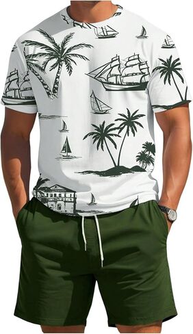 Men's 2 Piece Outfits Tropical Graphic Short Sleeve T-Shirt and Drawstring Waist Shorts Sets in Saudi Arabia