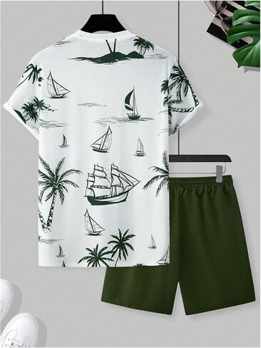 Men's 2 Piece Outfits Tropical Graphic Short Sleeve T-Shirt and Drawstring Waist Shorts Sets in Saudi Arabia