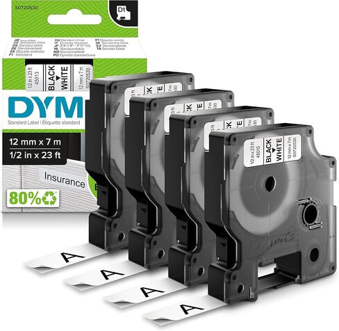 ملصقات Dymo D1 لصناع الملصقات الملصقات ، الطباعة السوداء على أبيض ، لفات 1/2 بوصة × 23 قدم ، لاصق ذاتي ، 4 عدد in Kuwait