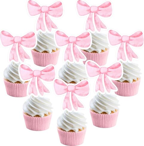 36Pcs Pink Bow 1st Birthday Cupcake Toppers Pink Bow Princess Theme Cake Decorations First Birthday Cupcake Toppers Double Sided Pink Bow Cupcakes for Baby Girl's 1st Birthday Party Supplies in Kuwait