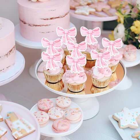 36Pcs Pink Bow 1st Birthday Cupcake Toppers Pink Bow Princess Theme Cake Decorations First Birthday Cupcake Toppers Double Sided Pink Bow Cupcakes for Baby Girl's 1st Birthday Party Supplies in Kuwait