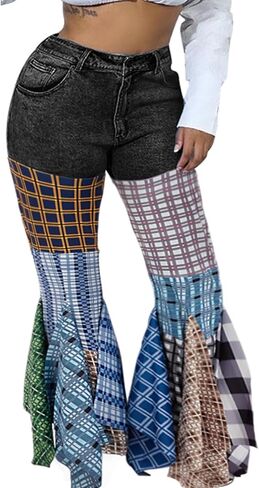 ThusFar Women High Waist Patchwork Flare Jeans Plaid Bell Bottom Ruffle Hem Denim Long Pants Trousers in Kuwait