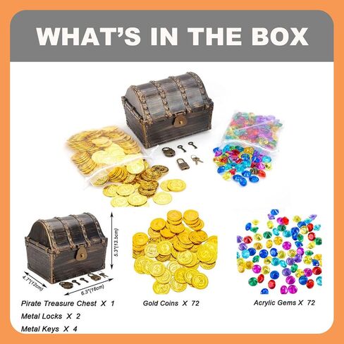 Treasure Chest for Kids Prizes,Plastic Treasure Chest with 288 Treasure Gold Coins and Gems,Jewels- Perfect for Pirate Themed Parties and Games in Kuwait