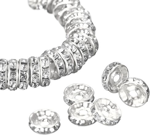uxcell 200Pcs 10mm Rondelle Spacer Beads, Silver Plated Rhinestone Spacer Beads, Round Spacer Loose Beads for DIY Bracelet Necklace Jewelry Making Supplies, Silver White in Saudi Arabia
