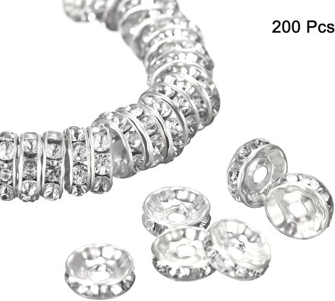 uxcell 200Pcs 10mm Rondelle Spacer Beads, Silver Plated Rhinestone Spacer Beads, Round Spacer Loose Beads for DIY Bracelet Necklace Jewelry Making Supplies, Silver White in Saudi Arabia