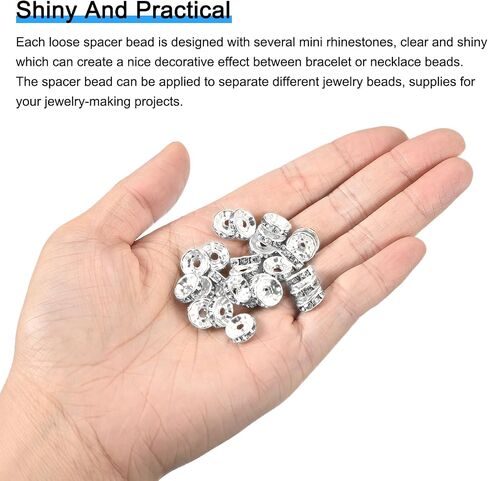 uxcell 200Pcs 10mm Rondelle Spacer Beads, Silver Plated Rhinestone Spacer Beads, Round Spacer Loose Beads for DIY Bracelet Necklace Jewelry Making Supplies, Silver White in Saudi Arabia