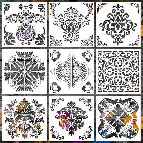 9 Pieces Reusable Mandala Tile Stencils 12x12 Inch Wall Templates for DIY Scrapbooks Wall Floor Home Decor with Floral Stencils Leaf Stencil Talavera Stencil Designs for Painting in Saudi Arabia