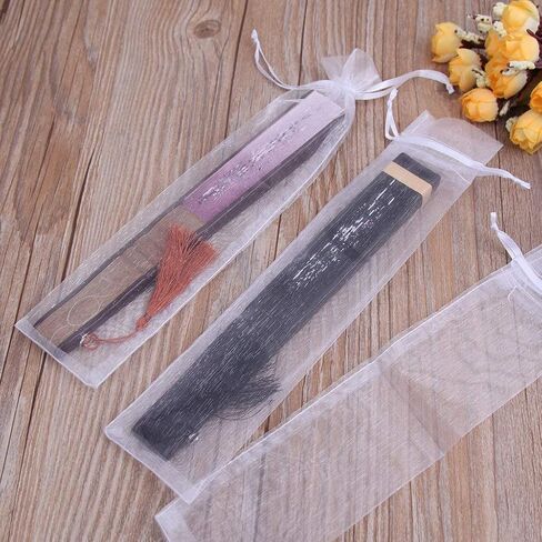 50Pcs Organza Hand Fan Bags, 2x10 Inches White Folding Fan Drawstring Bag Hand Fan Decorative Pouch Party Wedding Favor Gift Bags in Kuwait