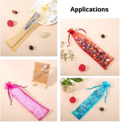 50Pcs Organza Hand Fan Bags, 2x10 Inches White Folding Fan Drawstring Bag Hand Fan Decorative Pouch Party Wedding Favor Gift Bags in Kuwait