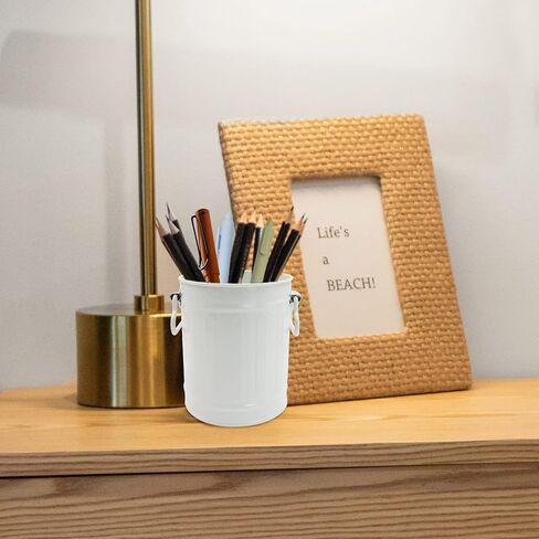 Retro Barrel Pen Holder with 2 Handles, Metal Pencil Holder Pen Cup, Makeup Brush Holder, Cute Pen Organizer for Desk Office Home, White in Saudi Arabia