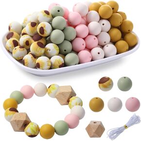48Pcs Silicone Beads for Bracelets with 2Pcs Wooden Beads and Elastic Strings,15mm Silicone Beads Bulk Petal Bracelet Making Kit Focal Beads for Pens Silicone Beads for Keychain Making Kit