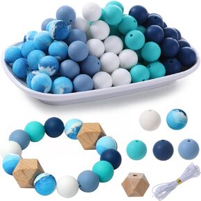 48Pcs Silicone Beads for Bracelets with 2Pcs Wooden Beads and Elastic Strings,15mm Silicone Beads Bulk Petal Bracelet Making Kit Focal Beads for Pens Silicone Beads for Keychain Making Kit in Kuwait