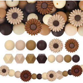 Whaline 100Pcs Daisy Flower Silicone Beads with Elastic Rope Brown Round Hexagon Loose Spacer Beads for DIY Crafts Jewelry Necklaces Bracelets Keychain Making