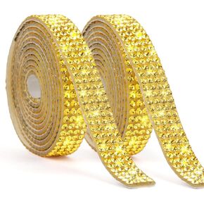 Self Adhesive Rhinestone Ribbons 2 Rolls 2 Yard Gold Resin Rhinestone Strips, Diamond Rhinestone Ribbon Roll Stickers Glitter Bling Ribbon Rows Rhinestone Tape for DIY Crafts Fabric Car