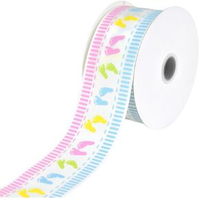 Homeford Baby Footprint Pastel Satin Ribbon, White, 1-1/2-Inch, 3-Yard