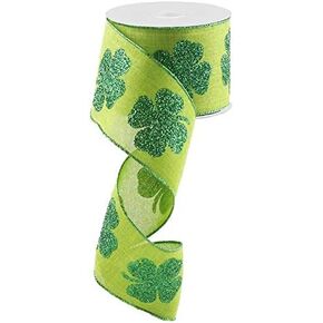 Clover Glitter Wired Edge Ribbon, 2.5" x 10 Yards (Fresh Green, Grass Green)