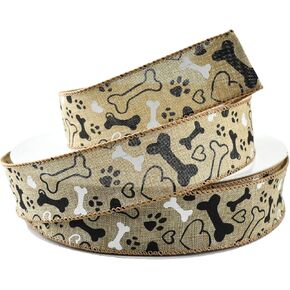 Homeford Dog Lovers Bones and Paws Faux Linen Wired Ribbon, 1-1/2-inch, 50-Yard, Natural