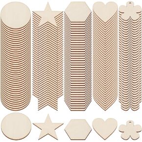 200Pcs Unfinished Wooden Slices, Round Wooden Christmas Ornaments Heart Wood Cutouts Star Blank Wood Pieces Flower Hexagon Wood Ornaments for Decoration