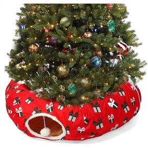 سرير نفق Cattty Cat تحت شجرة عيد الميلاد 3ft × 3ft × 9.8in - أسلوب عيد الميلاد الزخرفي مع أنماط الصندوق - اللون الأحمر مثالي للفنون الاحتفالية الحيوانات الصغيرة