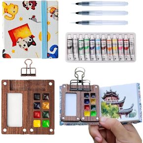 Aimery Mini Watercolor Paint Set Travel, Tiny Mini Small Paint Painting Pallete Water Color Painting Travel Art Kit with Sketchbook & Wooden 8 Grid Paint Box(Pine Green)