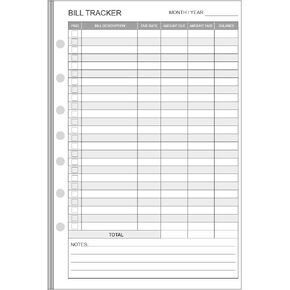 Bill Payment Tracker Refills - 100 Sheets/200 Pages, Bill Pay Checklist Refills for Filofax Planner, Organizer, Binders, 6 Hole Punched, 100 gsm, White Paper, Monthly Budget Forms, 5.5" x 8.5"
